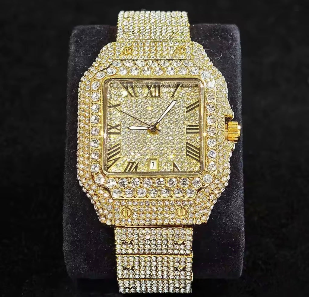 Rhinestone ice out silver watch