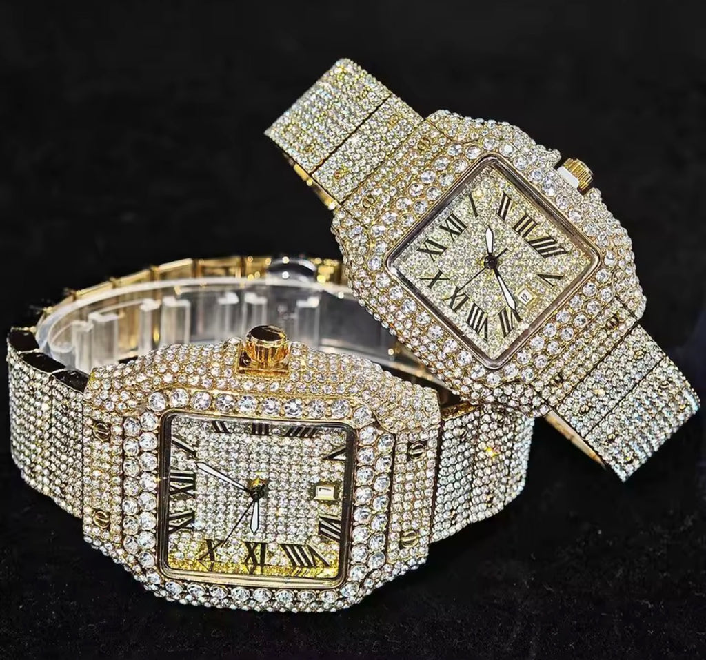 Rhinestone ice out silver watch