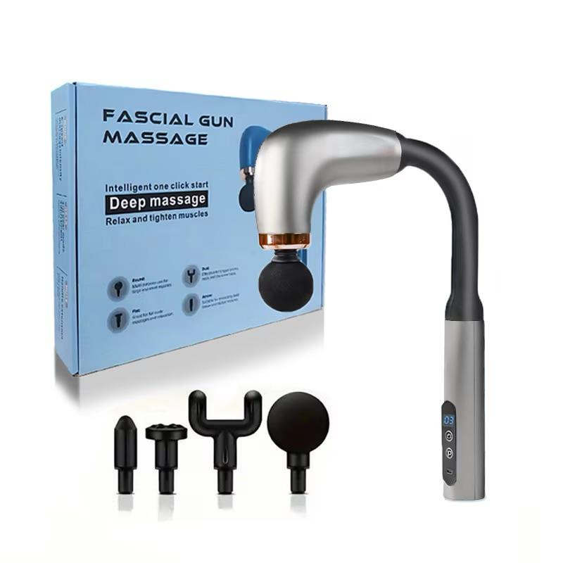 Long-Handle Curved Fascial Massage Gun with 4 Interchangeable Heads