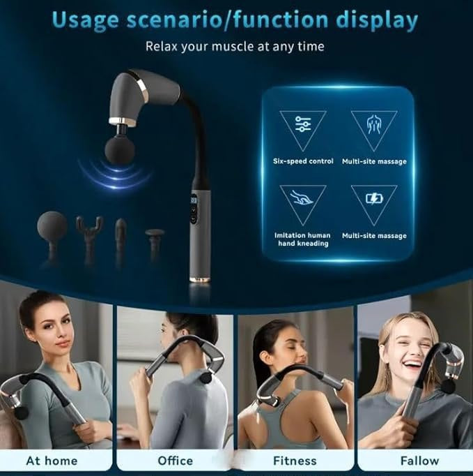 Long-Handle Curved Fascial Massage Gun with 4 Interchangeable Heads