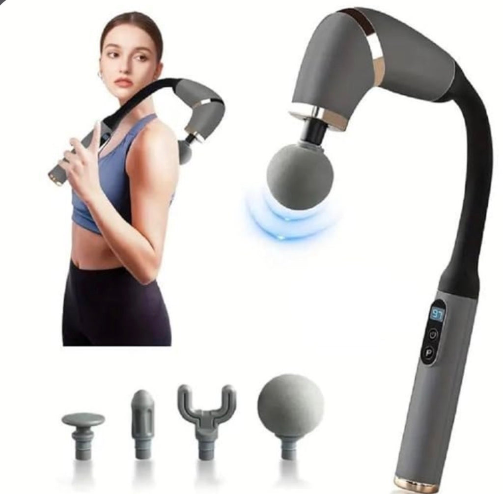Long-Handle Curved Fascial Massage Gun with 4 Interchangeable Heads