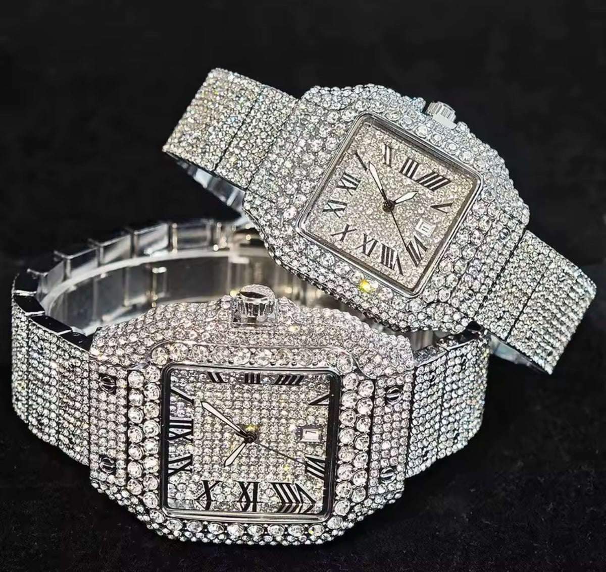 Rhinestone ice out silver watch