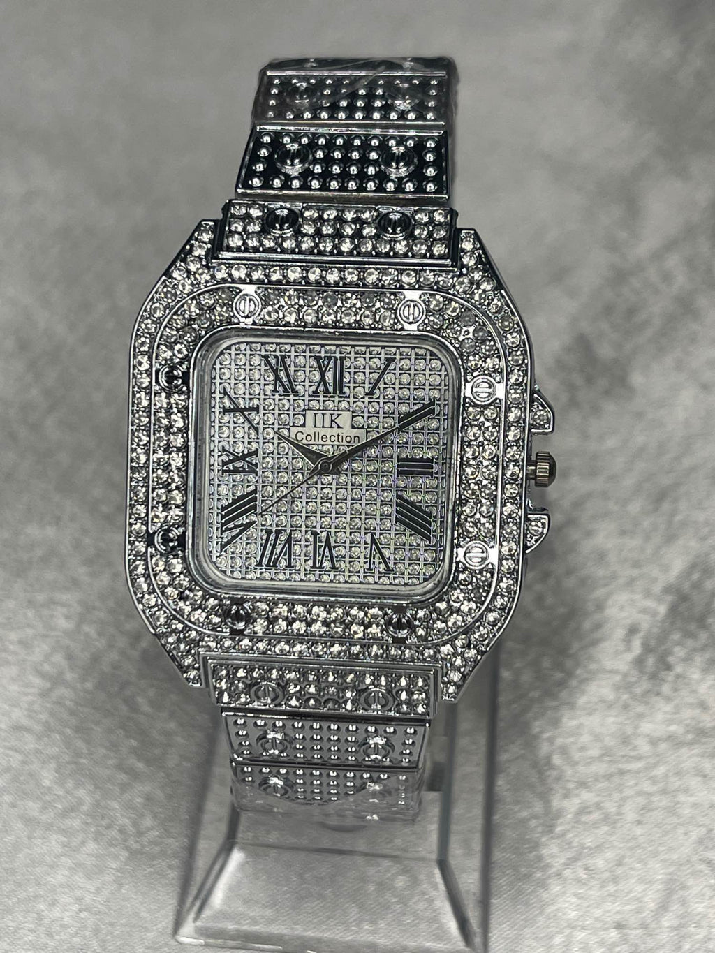 Rhinestone ice out silver watch