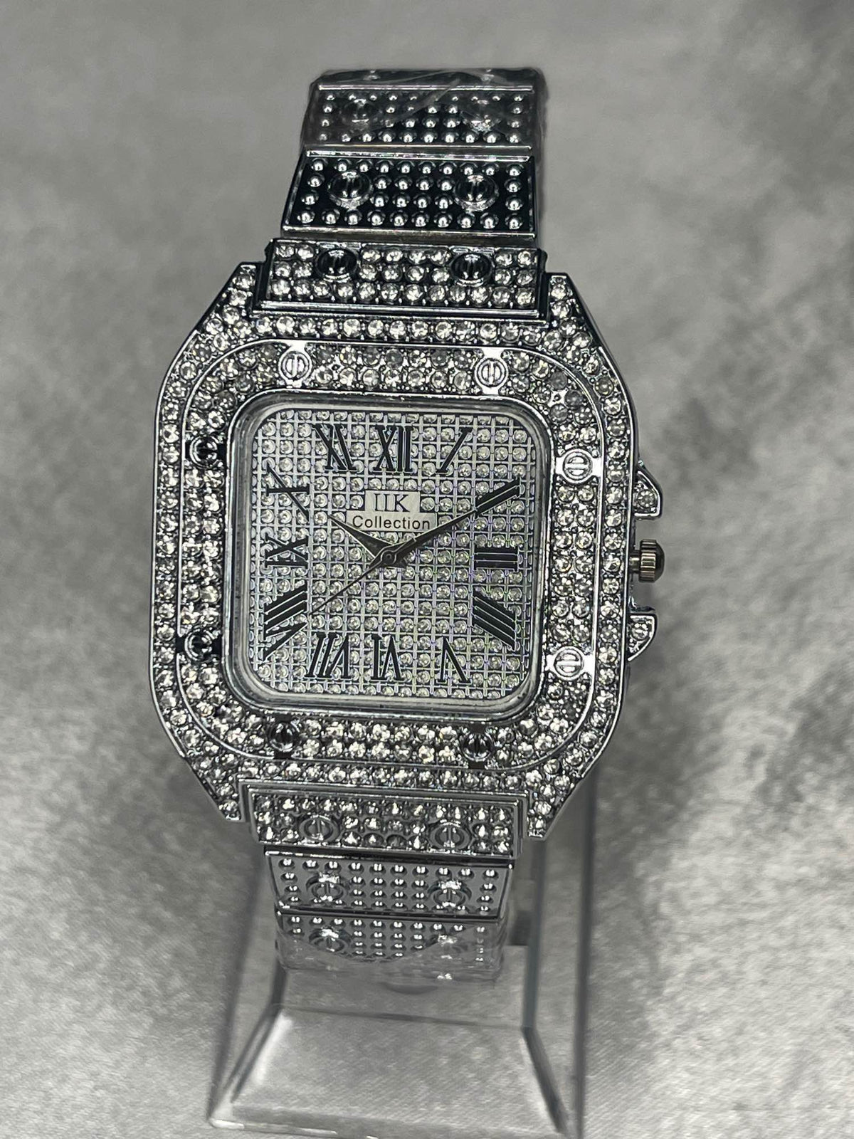 Rhinestone ice out silver watch