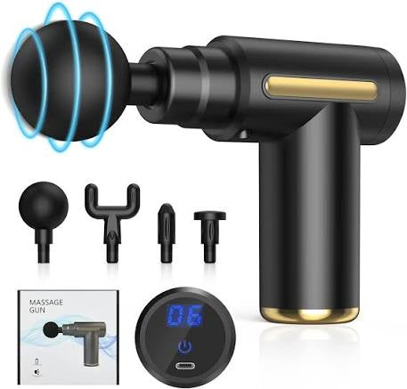 Portable Handheld Mini Massage Gun – Deep Tissue Percussion Muscle Massager with 4 Interchangeable Heads