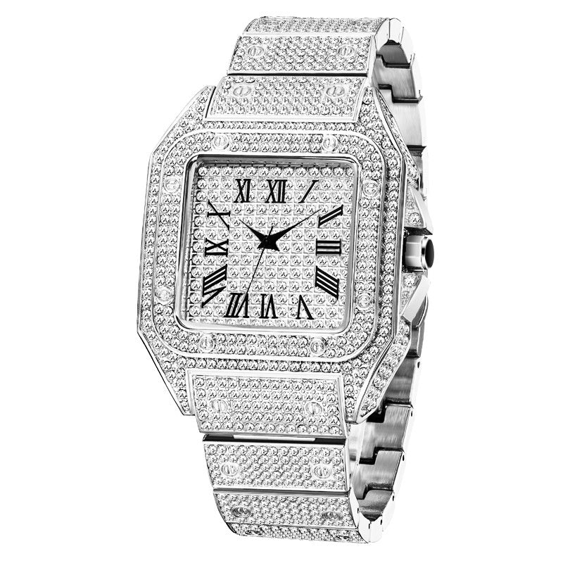 Rhinestone ice out silver watch