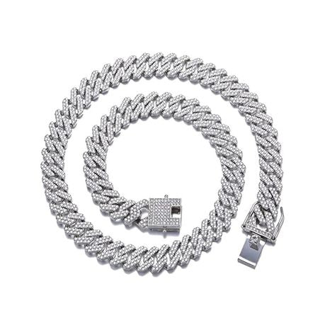 Mens Stunning Iced Out Silver Monaco Diamond Linked Bling Neck Chain