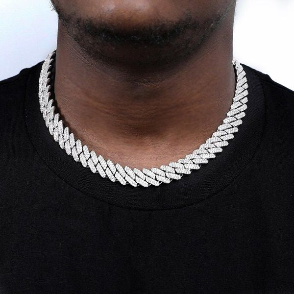 Mens Stunning Iced Out Silver Monaco Diamond Linked Bling Neck Chain