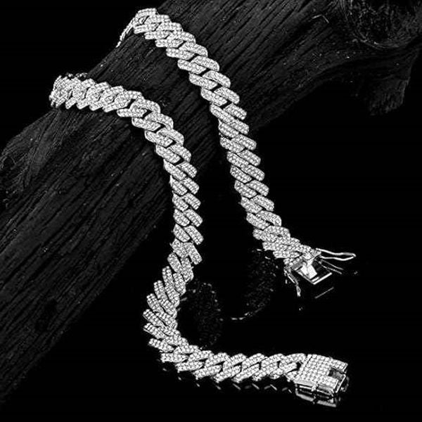 Mens Stunning Iced Out Silver Monaco Diamond Linked Bling Neck Chain