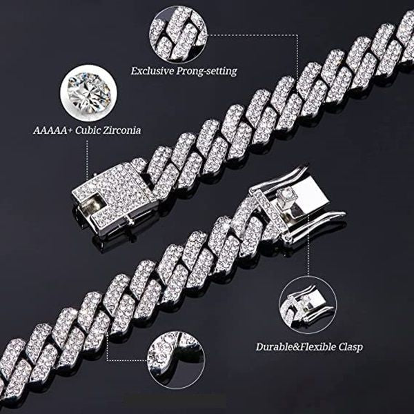 Mens Stunning Iced Out Silver Monaco Diamond Linked Bling Neck Chain
