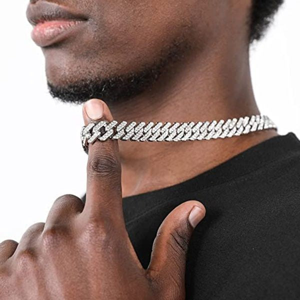 Mens Stunning Iced Out Silver Monaco Diamond Linked Bling Neck Chain